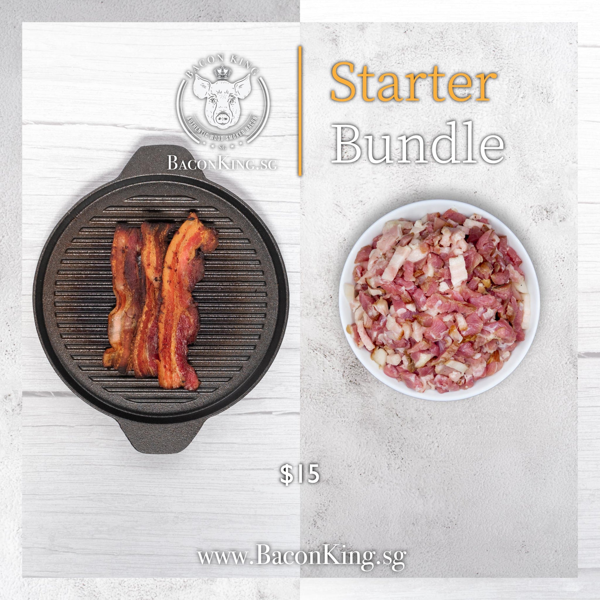 Smoked bacon on grill plate along with smoked bacon bits in a bowl against a wooden background. Starter bundle words on text. 